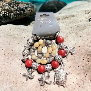 Two Stretch Bead Charm Bracelets Set Cream Red Beach Themed Silver Tone Starfish